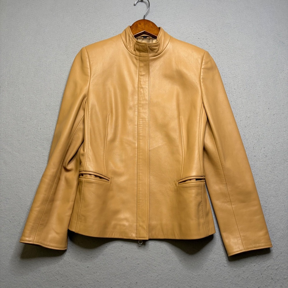 Punto Leather Jacket Women Small Tan Mock Neck Zip‎ Front Minimalist Vintage